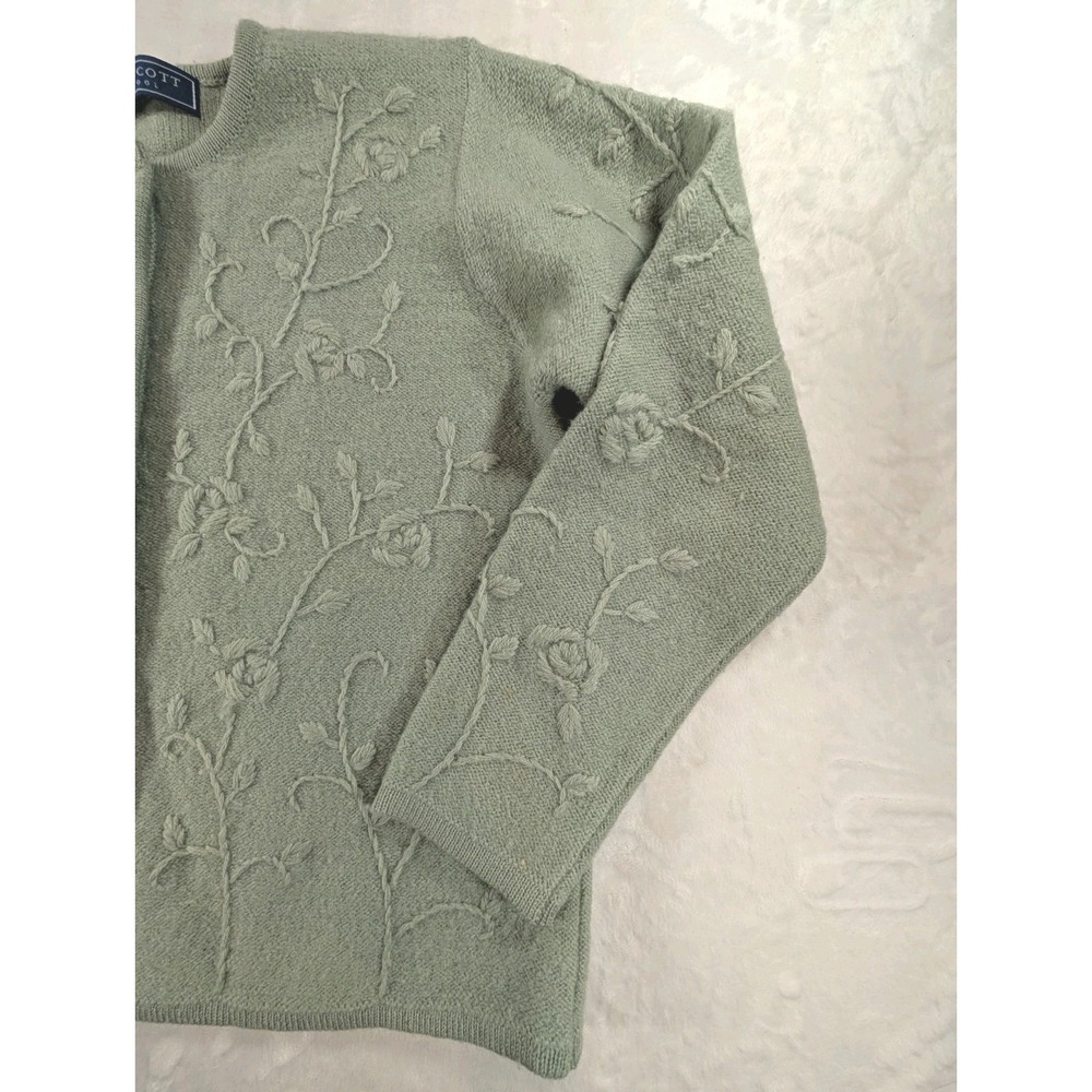 VTG Karen Scott Pure Wool Cardigan Sweater Medium Green Raised Floral Grandma - Picture 5 of 11